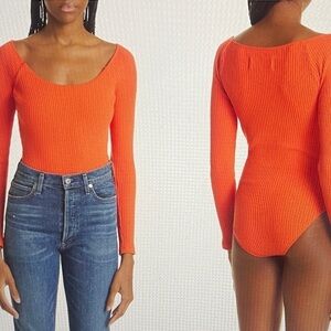 MARA HOFFMAN Martha Bodysuit Size L Ribbed Long Sleeve Organic Cotton Poppy